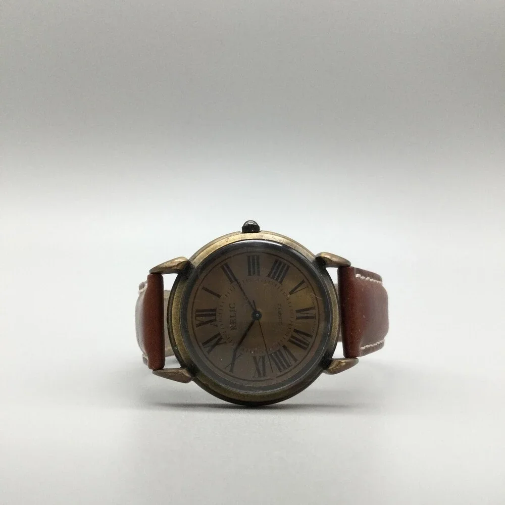 Relic Unisex Watch 34mm Bronze Dial Brown Leather Roman Numeral New Battery